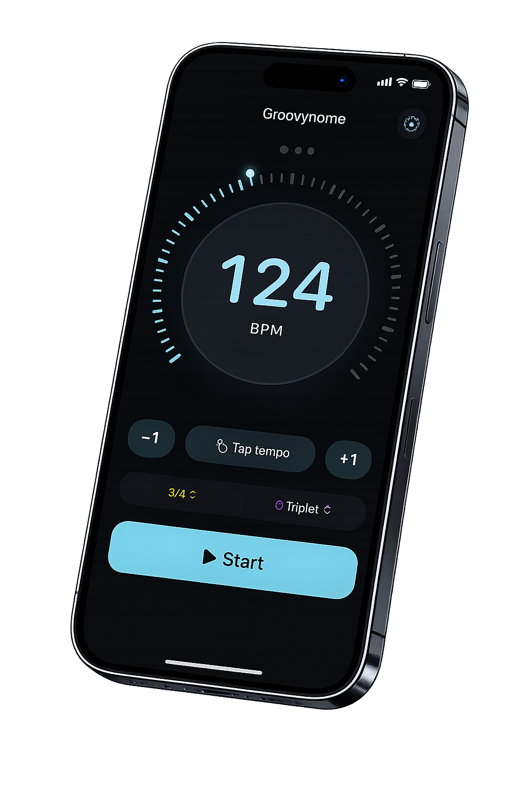Groovynome metronome app running at 124 BPM on an iPhone 17 Pro